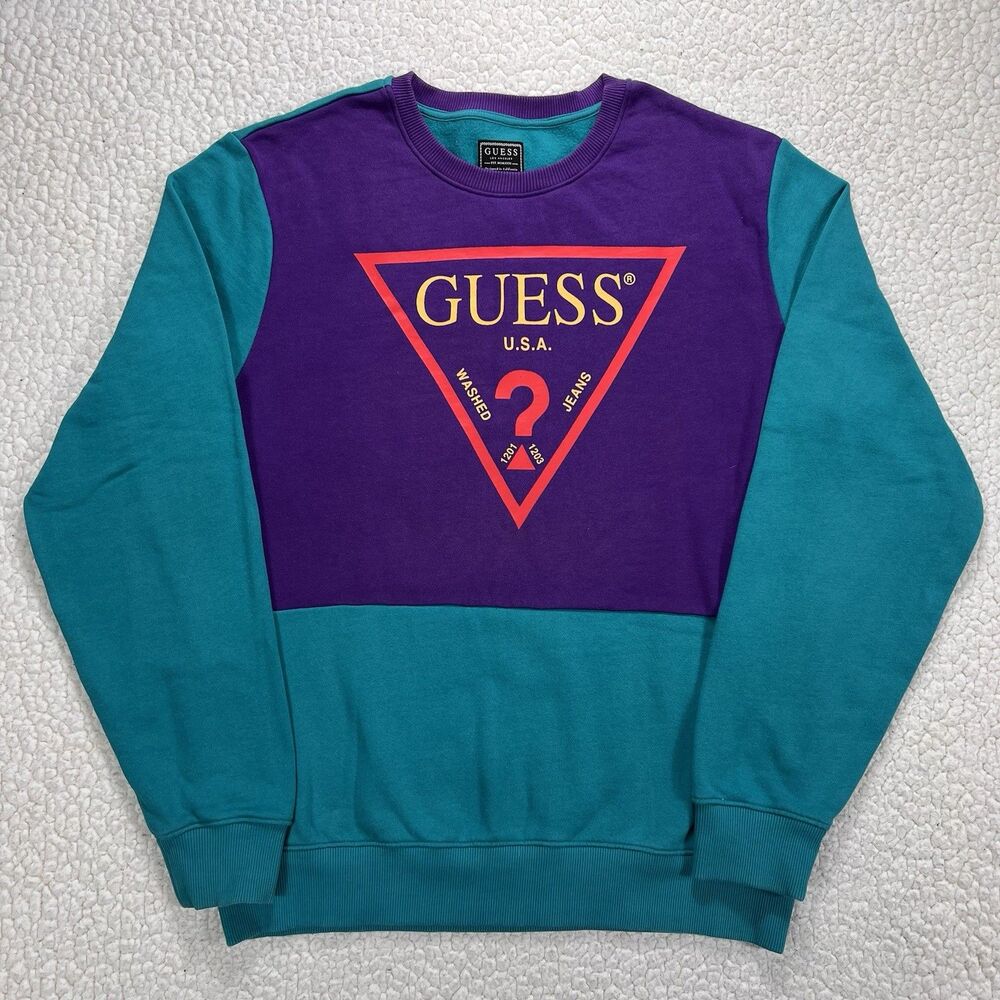 Guess Colorblock Triangle Logo Sweatshirt Men’s M Purple Teal Retro 90s‎